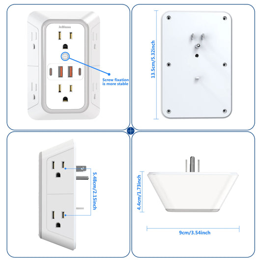 US Multi Socket Wall Socket with 6 AC Outlets 4 USB Port(2 Type C), Universal Plug Power Strip Network Filter Fast Charging