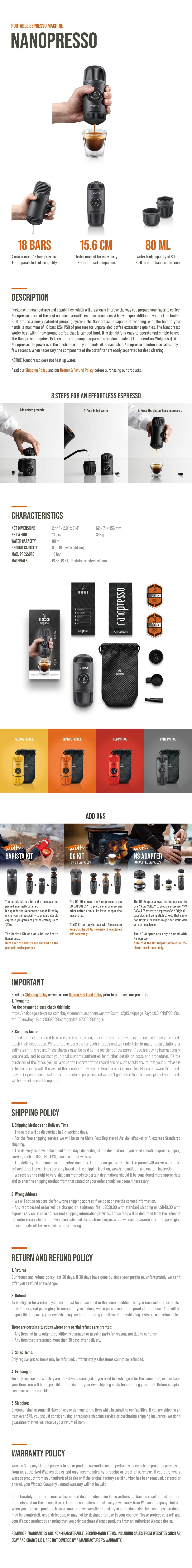 Wacaco Nanopresso Portable Espresso Machine, Upgrade Version of Minipresso, 18 Bar Pressure, Extra Small Travel Coffee Maker.