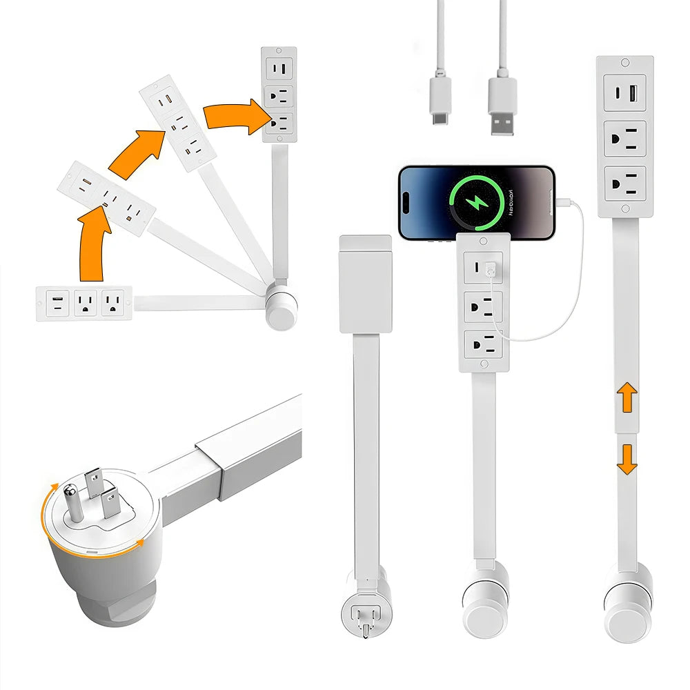 Electrical Outlet Extender Stick-Power Socket Expander Outlets,Electrical Outlet 180° Rotating Extender Stick,Can Telescopic for Hard-to-Reach Outlets Behind Couches&Desks,2 AC Outlets,USB-A/USB-C Fast Charging Port Sofa Bed