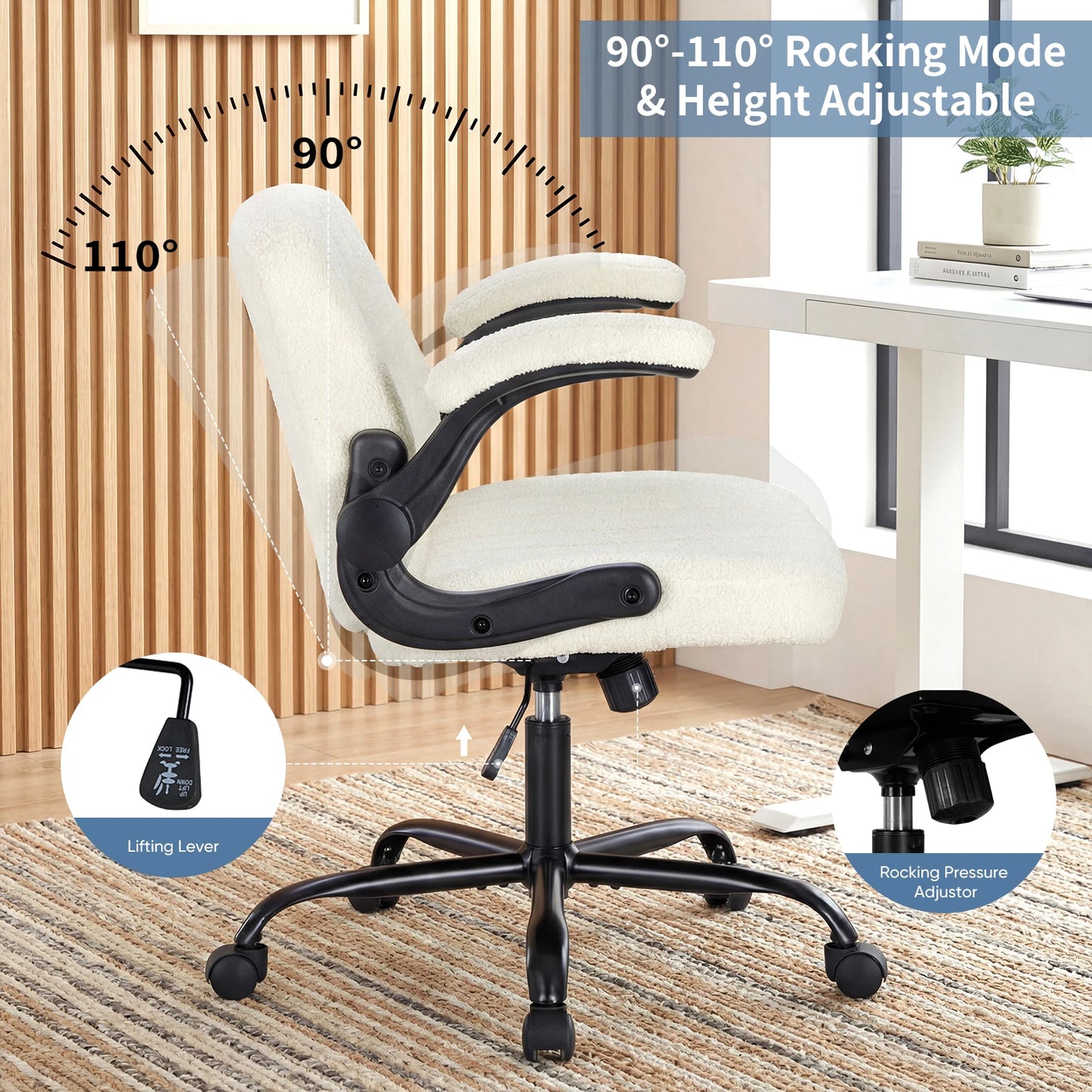 JHK Criss Cross Office Chair with Flip-Arms Wide Cross Legged Desk Vanity Chair Comfy Fabric Adjustable Swivel Chairs for Home