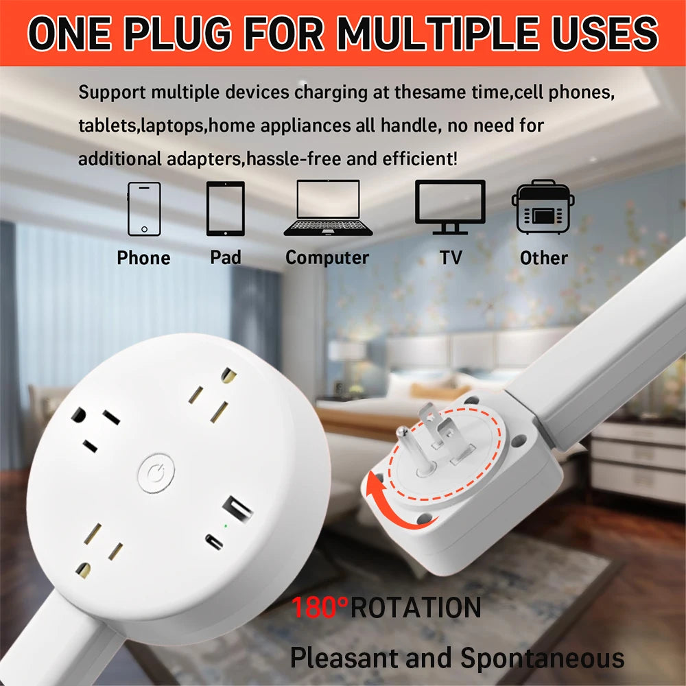 Electrical Outlet Extender Stick-Power Socket Expander Outlets,Electrical Outlet 180° Rotating Extender Stick,Can Telescopic for Hard-to-Reach Outlets Behind Couches&Desks,2 AC Outlets,USB-A/USB-C Fast Charging Port Sofa Bed