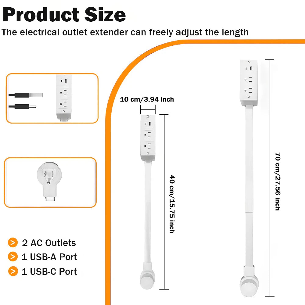 Electrical Outlet Extender Stick-Power Socket Expander Outlets,Electrical Outlet 180° Rotating Extender Stick,Can Telescopic for Hard-to-Reach Outlets Behind Couches&Desks,2 AC Outlets,USB-A/USB-C Fast Charging Port Sofa Bed