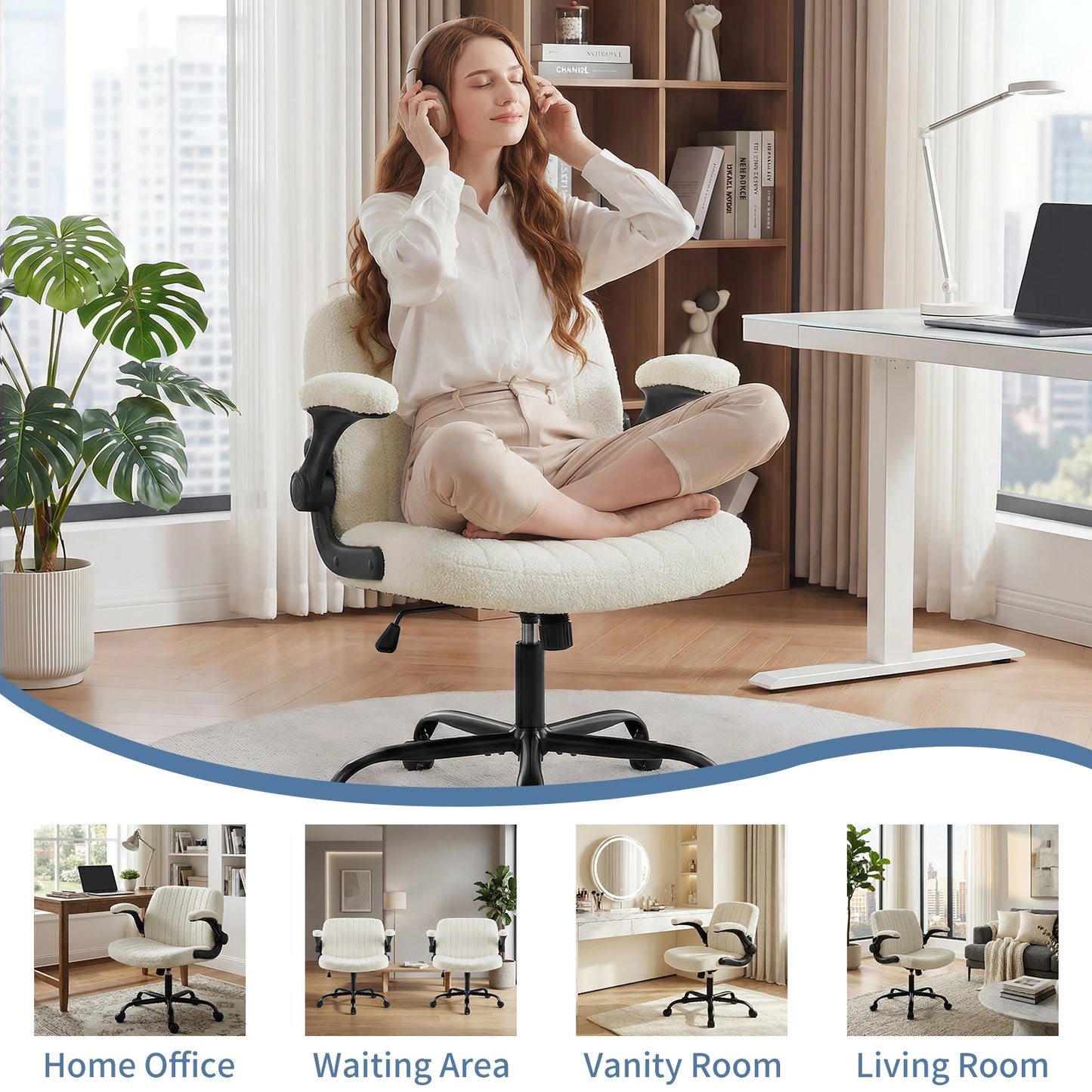 JHK Criss Cross Office Chair with Flip-Arms Wide Cross Legged Desk Vanity Chair Comfy Fabric Adjustable Swivel Chairs for Home