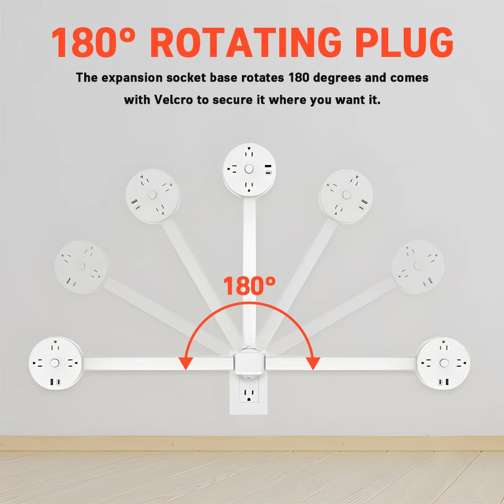 Electrical Outlet Extender Stick-Power Socket Expander Outlets,Electrical Outlet 180° Rotating Extender Stick,Can Telescopic for Hard-to-Reach Outlets Behind Couches&Desks,2 AC Outlets,USB-A/USB-C Fast Charging Port Sofa Bed