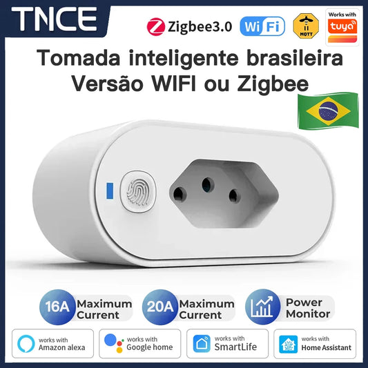 TNCE Tuya Brazil Plug 16/20A adapter, WIFI or zigbee3.0 socket with Power Monitor, Smart outlet control, Voice Google Home Alexa
