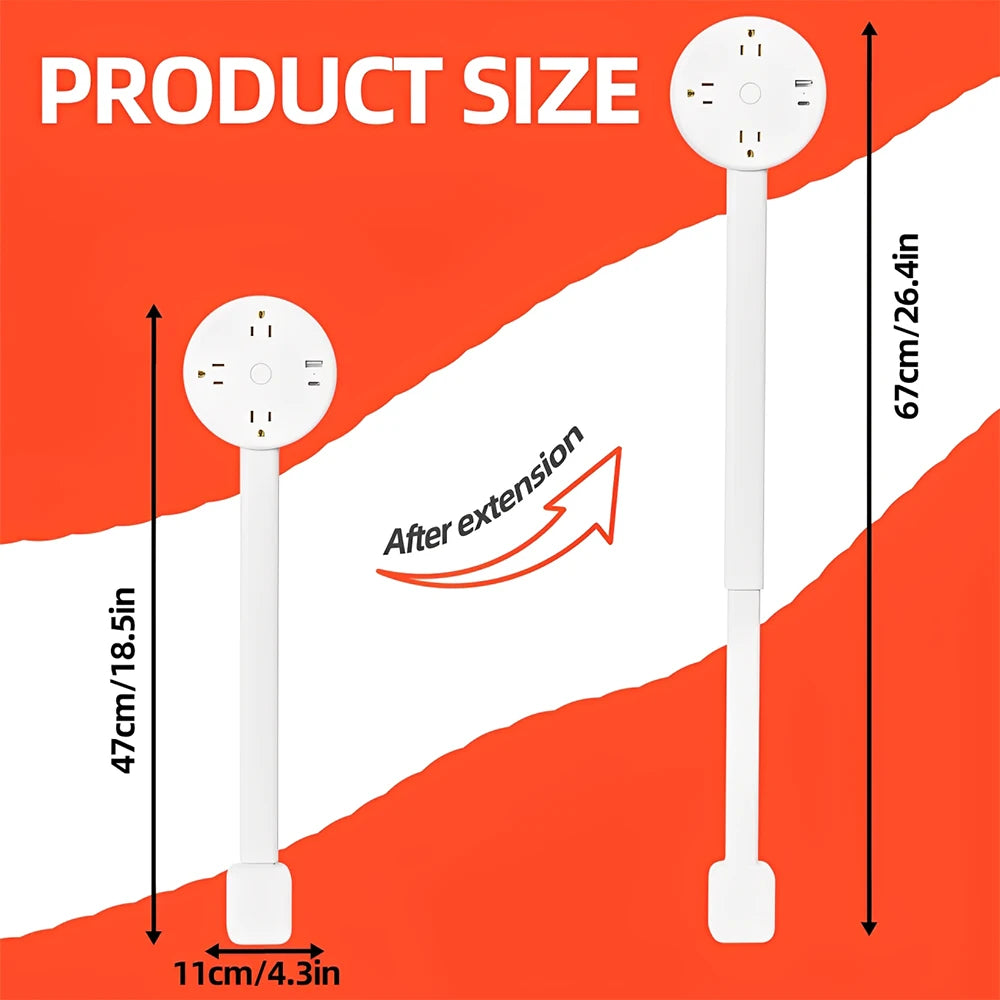 Electrical Outlet Extender Stick-Power Socket Expander Outlets,Electrical Outlet 180° Rotating Extender Stick,Can Telescopic for Hard-to-Reach Outlets Behind Couches&Desks,2 AC Outlets,USB-A/USB-C Fast Charging Port Sofa Bed