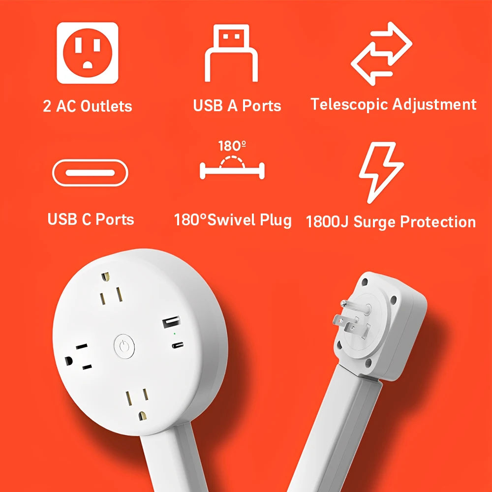 Electrical Outlet Extender Stick-Power Socket Expander Outlets,Electrical Outlet 180° Rotating Extender Stick,Can Telescopic for Hard-to-Reach Outlets Behind Couches&Desks,2 AC Outlets,USB-A/USB-C Fast Charging Port Sofa Bed