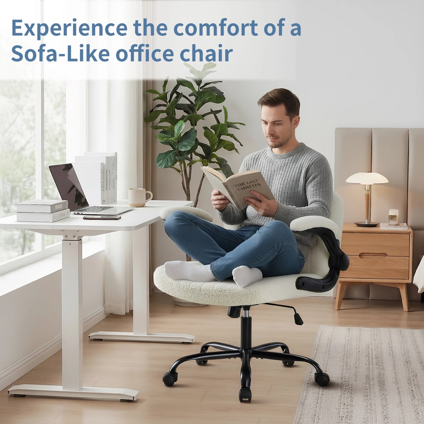 JHK Criss Cross Office Chair with Flip-Arms Wide Cross Legged Desk Vanity Chair Comfy Fabric Adjustable Swivel Chairs for Home