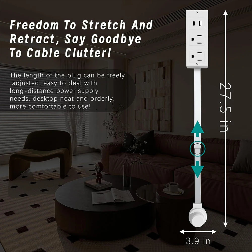 Electrical Outlet Extender Stick-Power Socket Expander Outlets,Electrical Outlet 180° Rotating Extender Stick,Can Telescopic for Hard-to-Reach Outlets Behind Couches&Desks,2 AC Outlets,USB-A/USB-C Fast Charging Port Sofa Bed