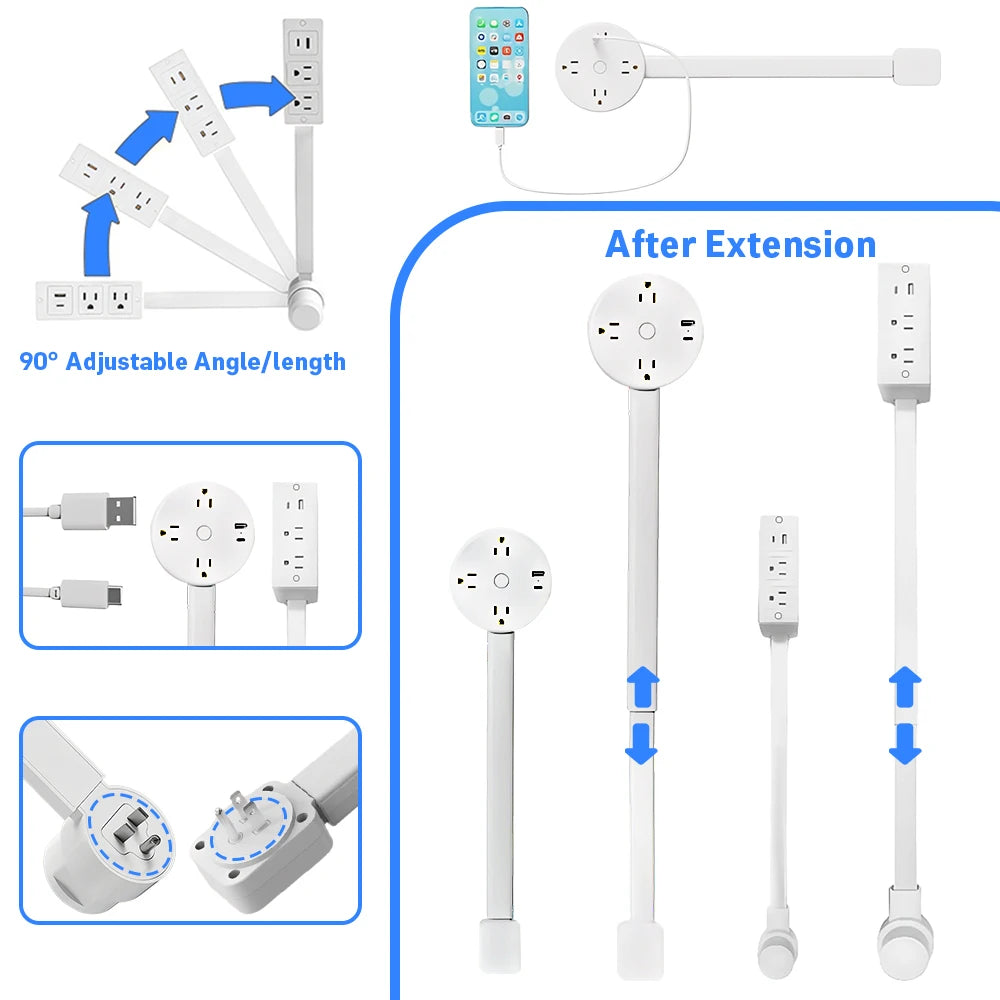Electrical Outlet Extender Stick-Power Socket Expander Outlets,Electrical Outlet 180° Rotating Extender Stick,Can Telescopic for Hard-to-Reach Outlets Behind Couches&Desks,2 AC Outlets,USB-A/USB-C Fast Charging Port Sofa Bed