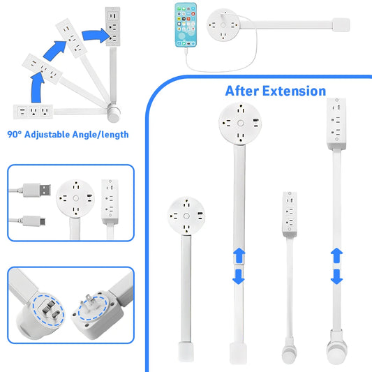 Electrical Outlet Extender Stick-Power Socket Expander Outlets,Electrical Outlet 180° Rotating Extender Stick,Can Telescopic for Hard-to-Reach Outlets Behind Couches&Desks,2 AC Outlets,USB-A/USB-C Fast Charging Port Sofa Bed