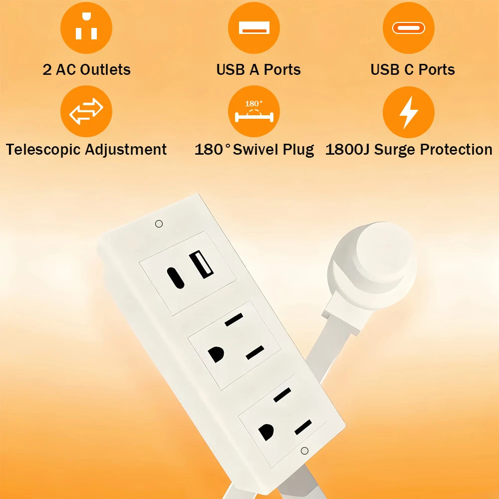 Electrical Outlet Extender Stick-Power Socket Expander Outlets,Electrical Outlet 180° Rotating Extender Stick,Can Telescopic for Hard-to-Reach Outlets Behind Couches&Desks,2 AC Outlets,USB-A/USB-C Fast Charging Port Sofa Bed